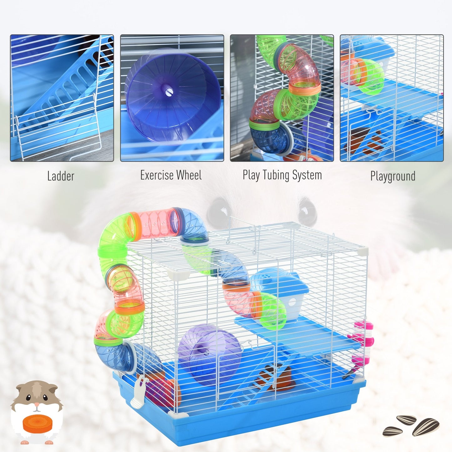 2 Tier Hamster Cage Carrier Habitat Small Animal House with Exercise Wheels Tunnel Tube Water Bottle Dishes House Ladder for Dwarf Mice, Blue w/