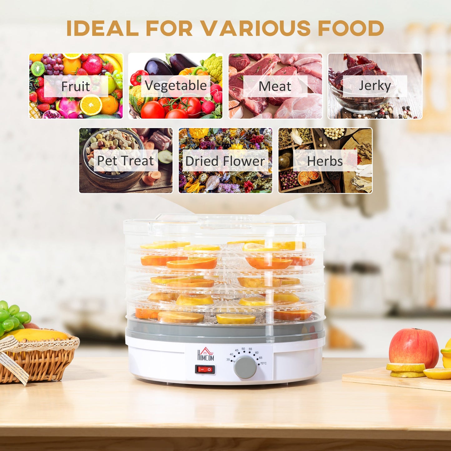5 Tier Food Dehydrator, 245W Food Dryer Machine with Adjustable Temperature Control for Drying Fruit, Meat, Vegetable, Jerky and Pet Treat, White