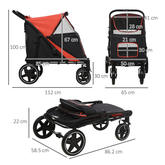 Pet Stroller with Universal Front Wheels, Shock Absorber, One Click Foldable Dog Cat Carriage with Brakes, Storage Bags, Mesh Window, Safety Leash for Large & Medium-sized Dogs, Red