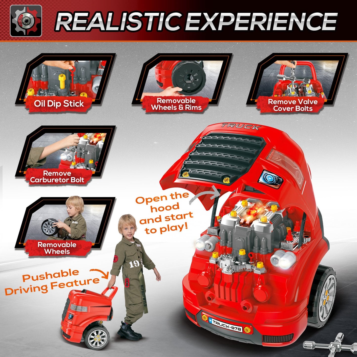 Kids Truck Engine Toy Set, Toddler Edu Car Service Station Playset, Workshop, W/RC Car key, Steering-wheel, Horn, Light, for 3-5 Years Old Red Set Key