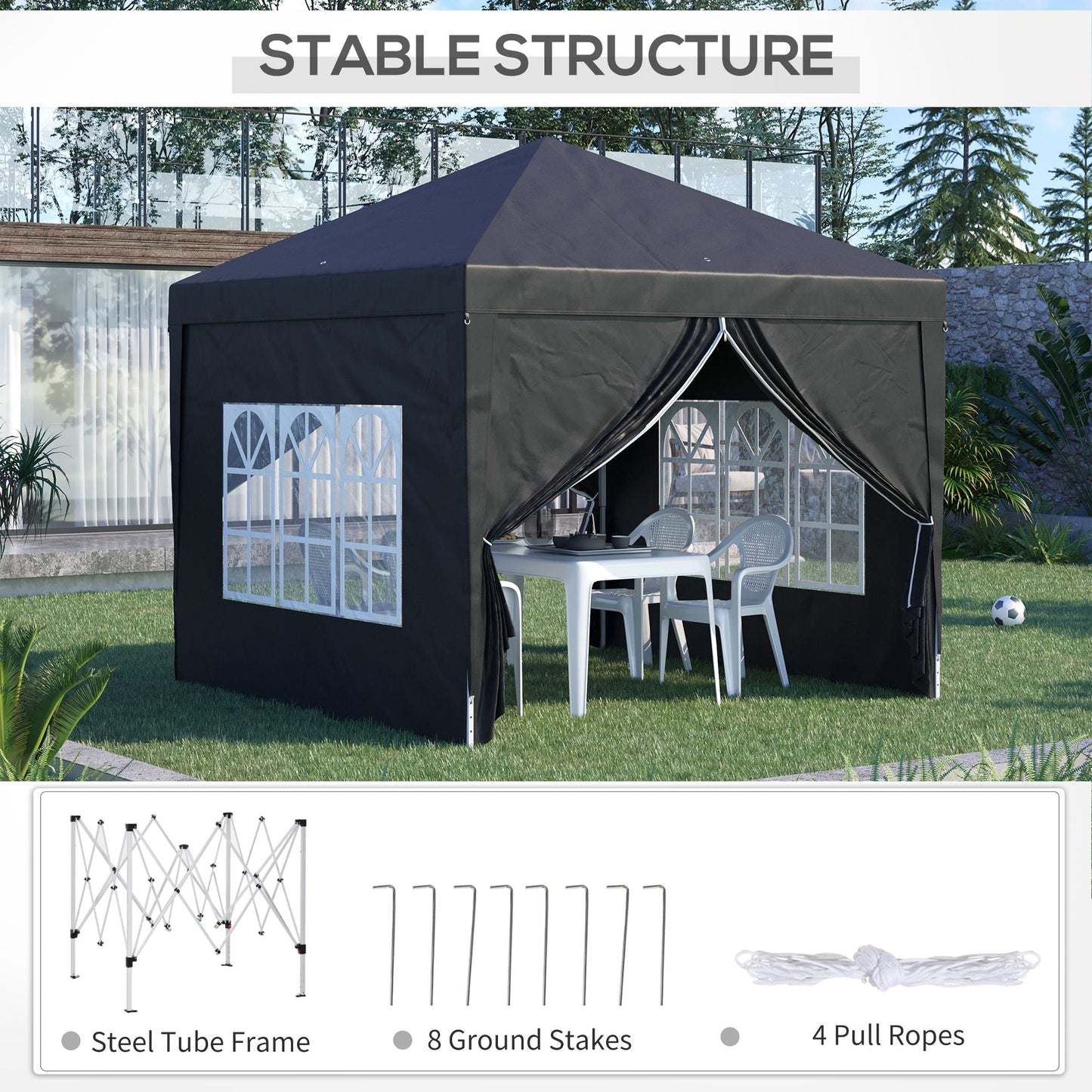 3 x 3m Pop-Up Outdoor Gazebo, with Removable Walls - Black