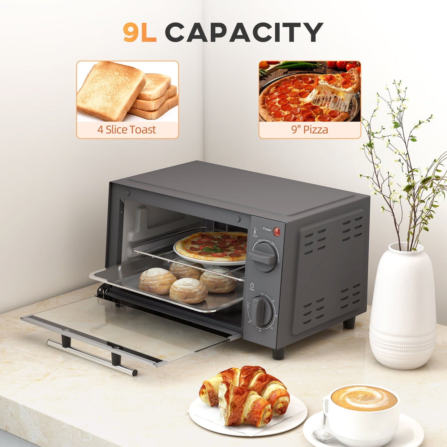 Mini Oven, 9L Countertop Electric Grill, Toaster Oven with Adjustable Temperature, Timer, Baking Tray and Wire Rack, 750W, Grey