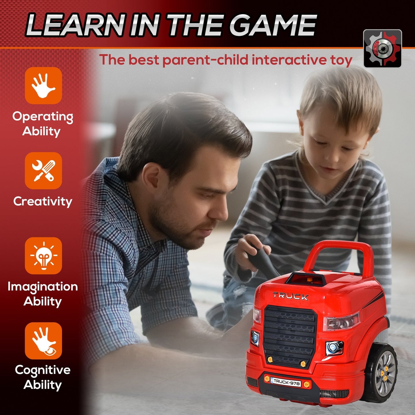 Kids Truck Engine Toy Set, Toddler Edu Car Service Station Playset, Workshop, W/RC Car key, Steering-wheel, Horn, Light, for 3-5 Years Old Red Set Key