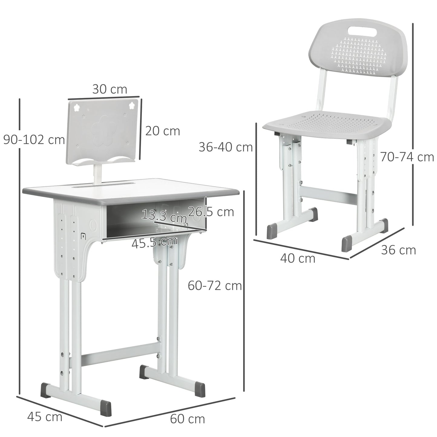 Kids Desk and Chair Set, Height Adjustable Study Table Set, Grey