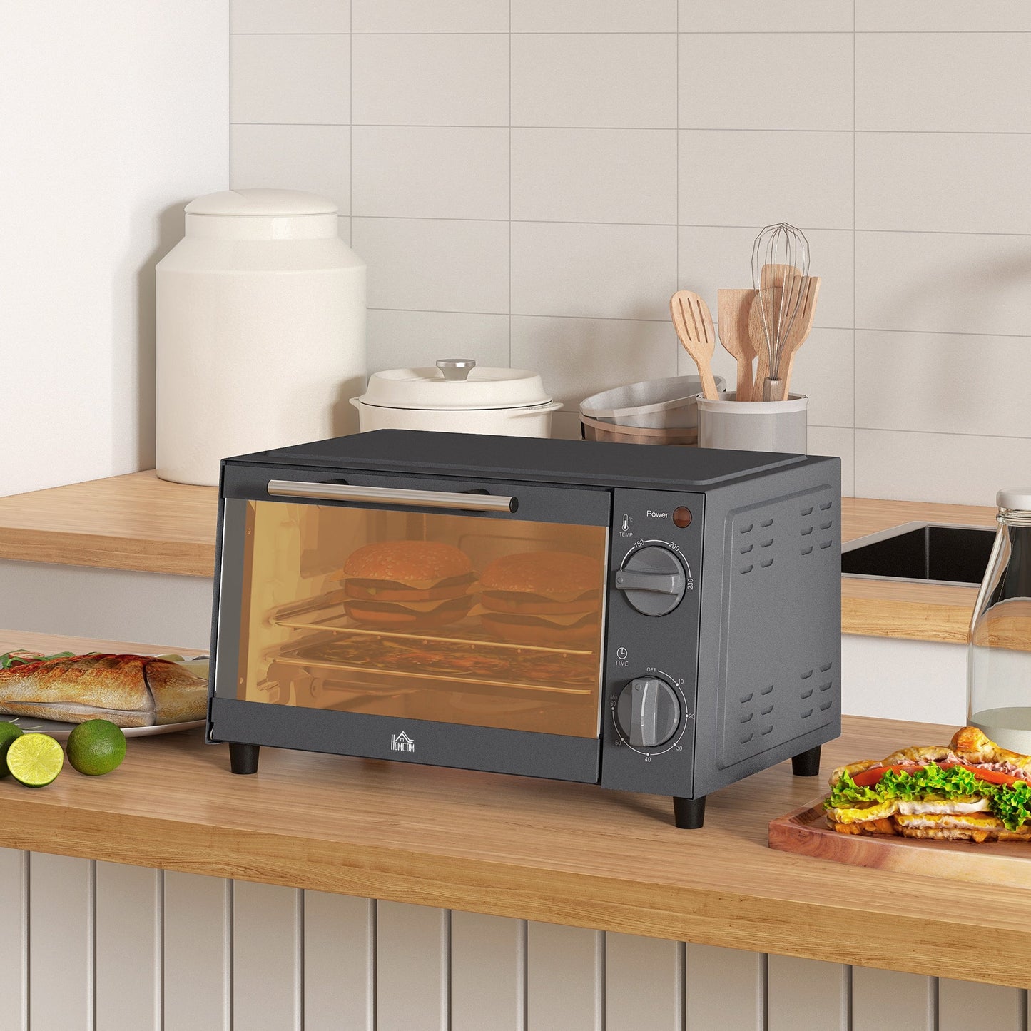 Mini Oven, 9L Countertop Electric Grill, Toaster Oven with Adjustable Temperature, Timer, Baking Tray and Wire Rack, 750W, Grey