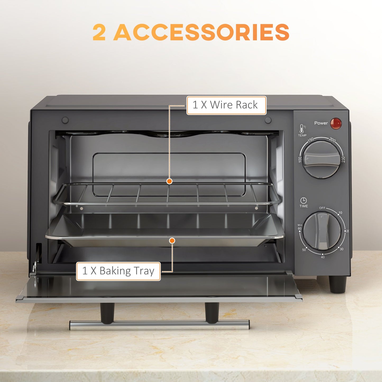 Mini Oven, 9L Countertop Electric Grill, Toaster Oven with Adjustable Temperature, Timer, Baking Tray and Wire Rack, 750W, Grey