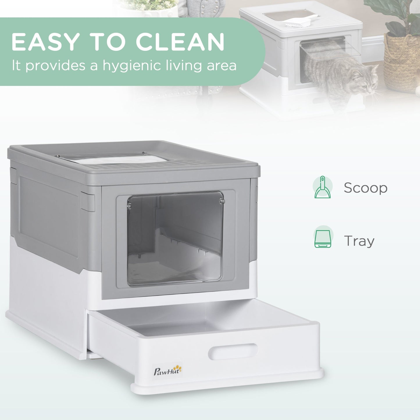 Hooded Cat Litter Box Scoop Included Litter-Tray with Front Entry Top-Exit, Portable Pet Toilet W/ Large Space, Easy Assemble, 47.5x35.5x36.7cm, Grey