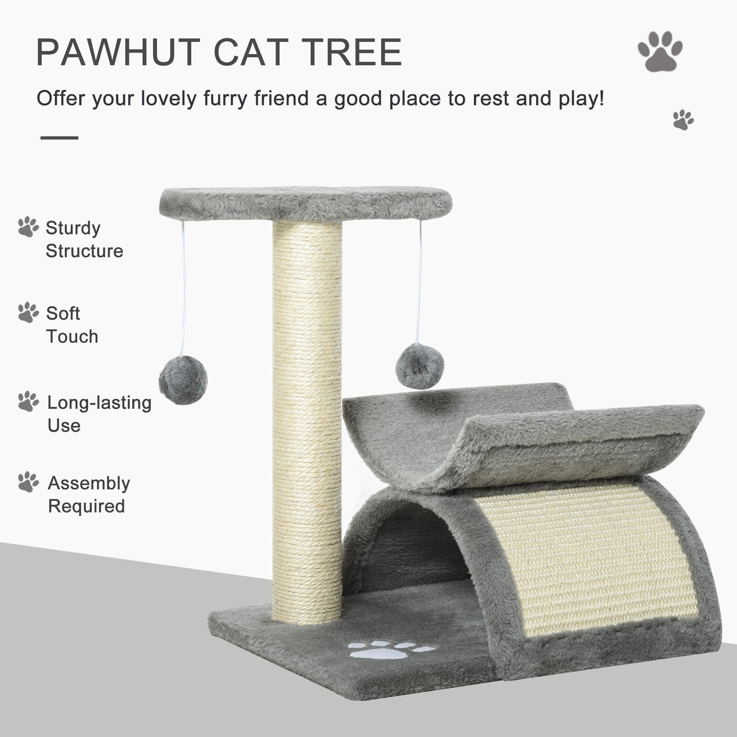Cat Tree Plush Kitty Activity Center Top Bar Tunnel Dangling Ball Light Grey