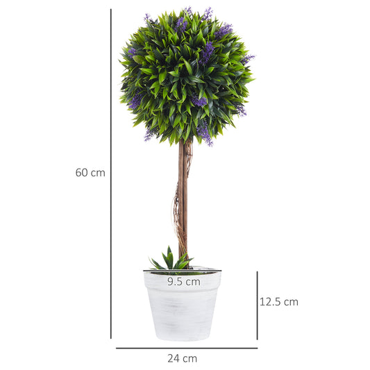 Set of 2 Decorative Artificial Plants Ball Trees with Lavender Flowers in Pot Fake Plants for Home Indoor Outdoor Decor, 60cm