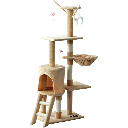 Cat Scratching Post 5-tier Tall Beige Condo Kitty Activity Centre Scratcher Climbing Tree with Toys Beige
