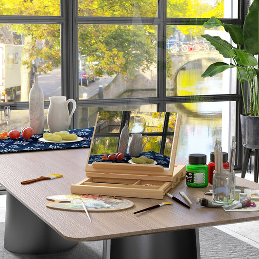 Wooden Table Easel Box, Adjustable Beechwood Table Box Easel with Storage Drawer, Portable Folding Artist Drawing & Sketching Board for Adults, Beginners, Artists Painting