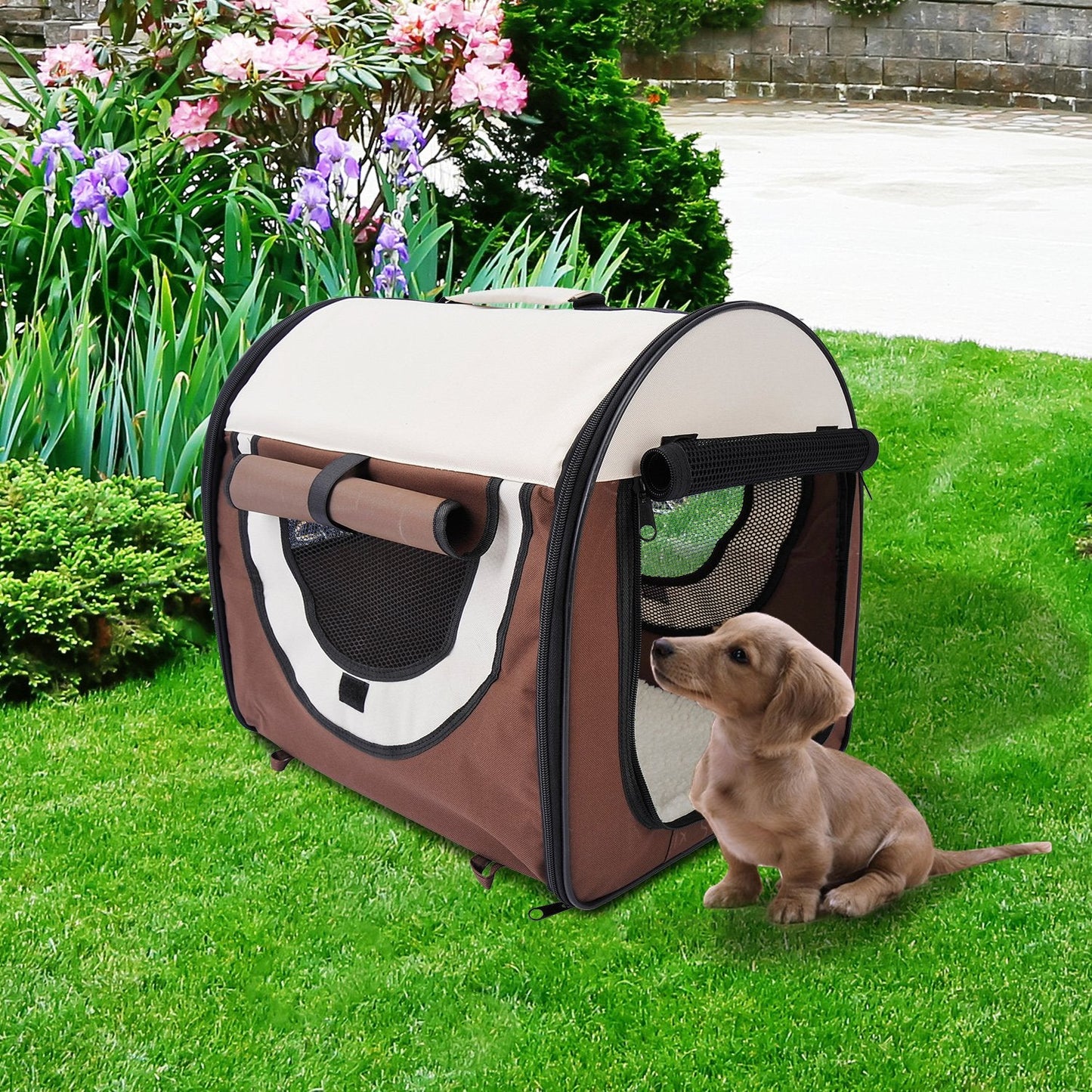 Folding Fabric Soft Pet Crate, 46Lx36Wx41H cm-Brown