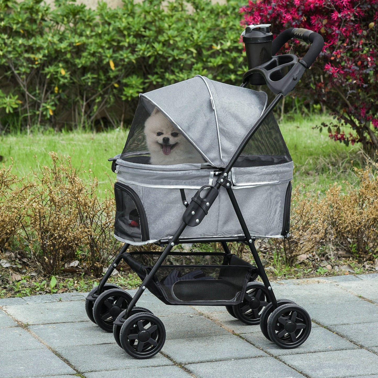 Pet Stroller No-Zip Foldable Travel Carriage with Brake Basket Adjustable Canopy
