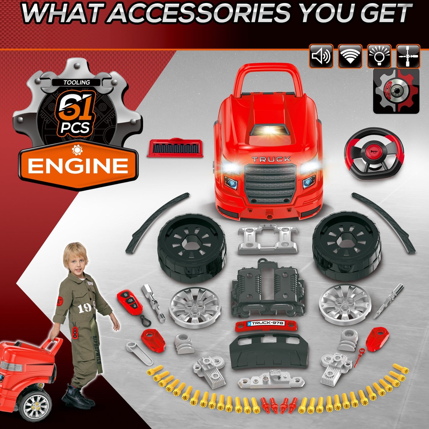 Kids Truck Engine Toy Set, Toddler Edu Car Service Station Playset, Workshop, W/RC Car key, Steering-wheel, Horn, Light, for 3-5 Years Old Red Set Key