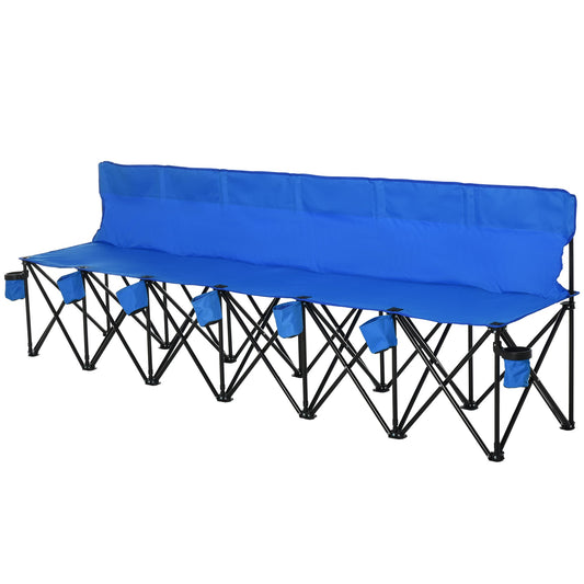 6 Seater Folding Sports Bench Outdoor Picnic Camping Chair Steel Frame w/Cup Holder & Carry Bag - Blue