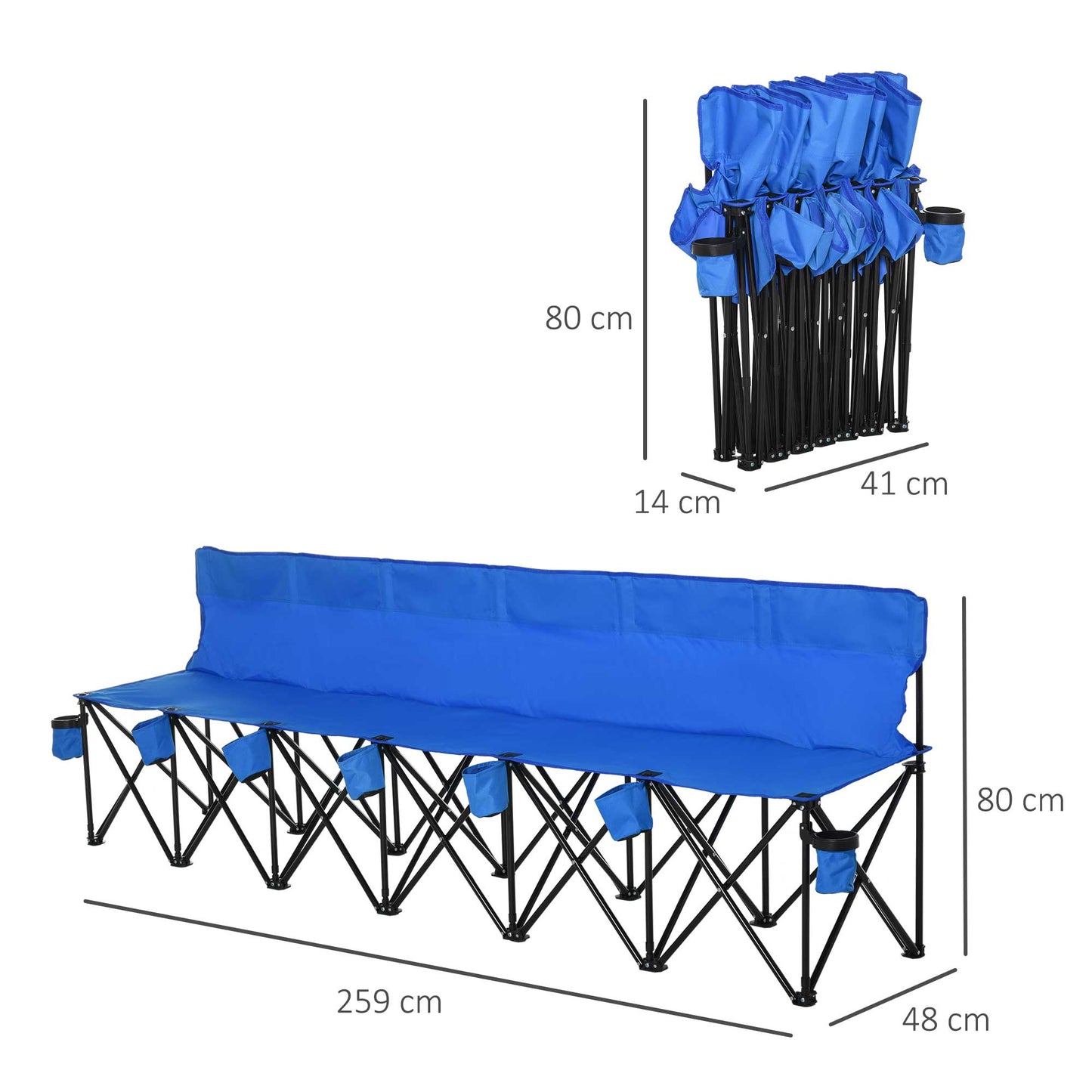 6 Seater Folding Sports Bench Outdoor Picnic Camping Chair Steel Frame w/Cup Holder & Carry Bag - Blue