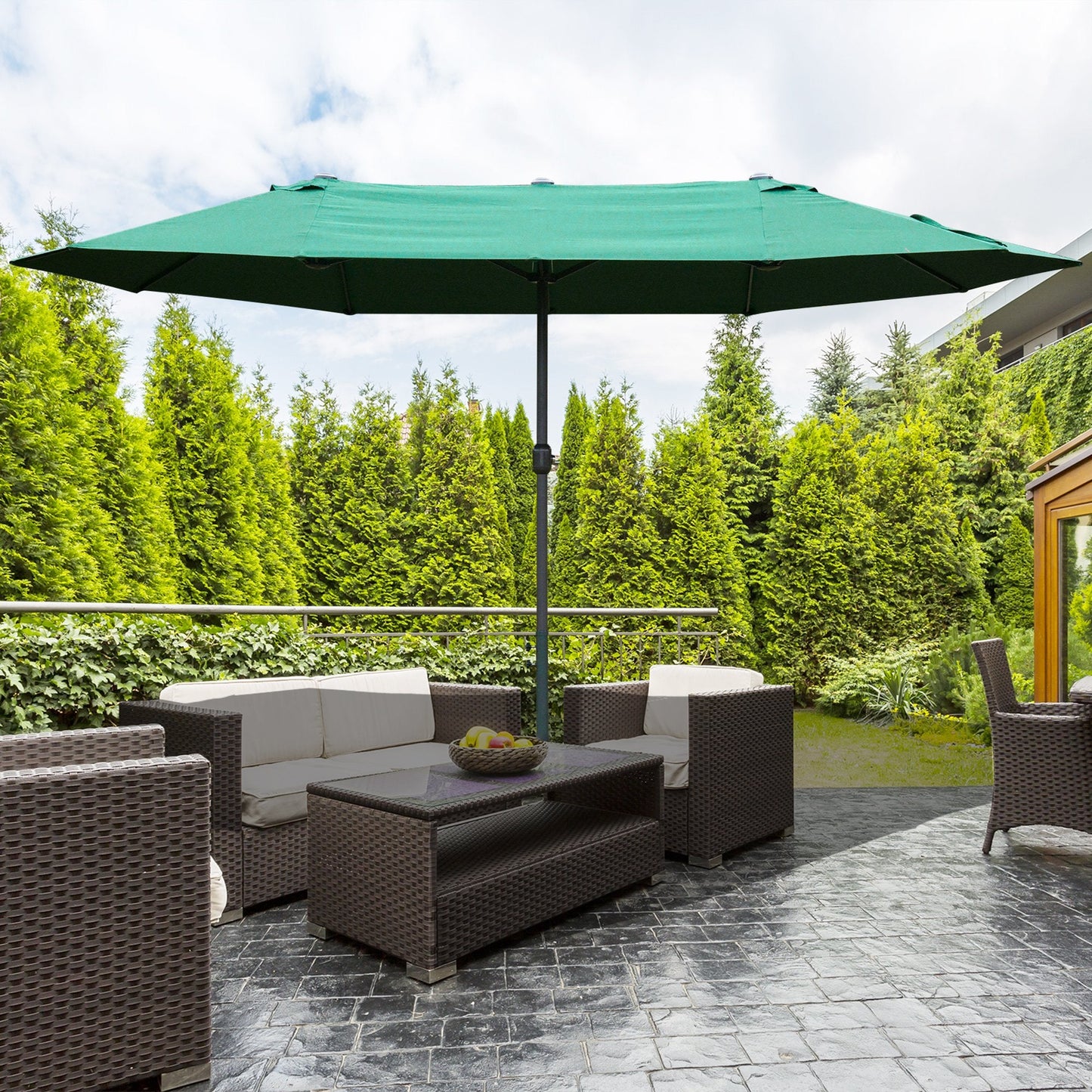 4.6M Sun Umbrella Canopy Double-sided Crank Sun Shade w/ Cross Base Dark Green
