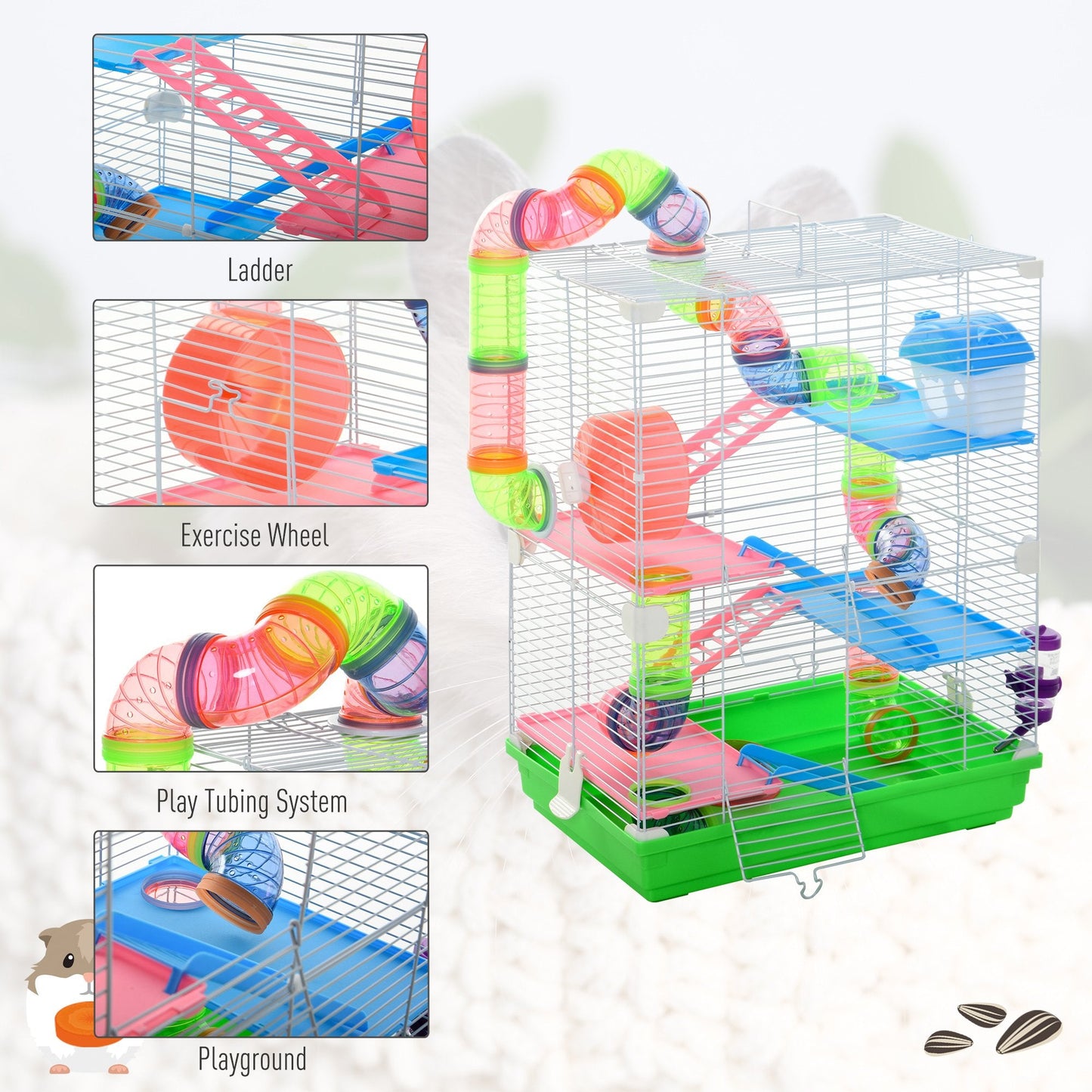5 Tier Hamster Cage Carrier Habitat Small Animal House w/ Exercise Wheels Tunnel