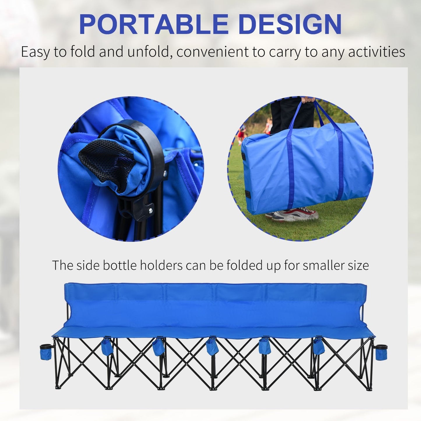 6 Seater Folding Sports Bench Outdoor Picnic Camping Chair Steel Frame w/Cup Holder & Carry Bag - Blue