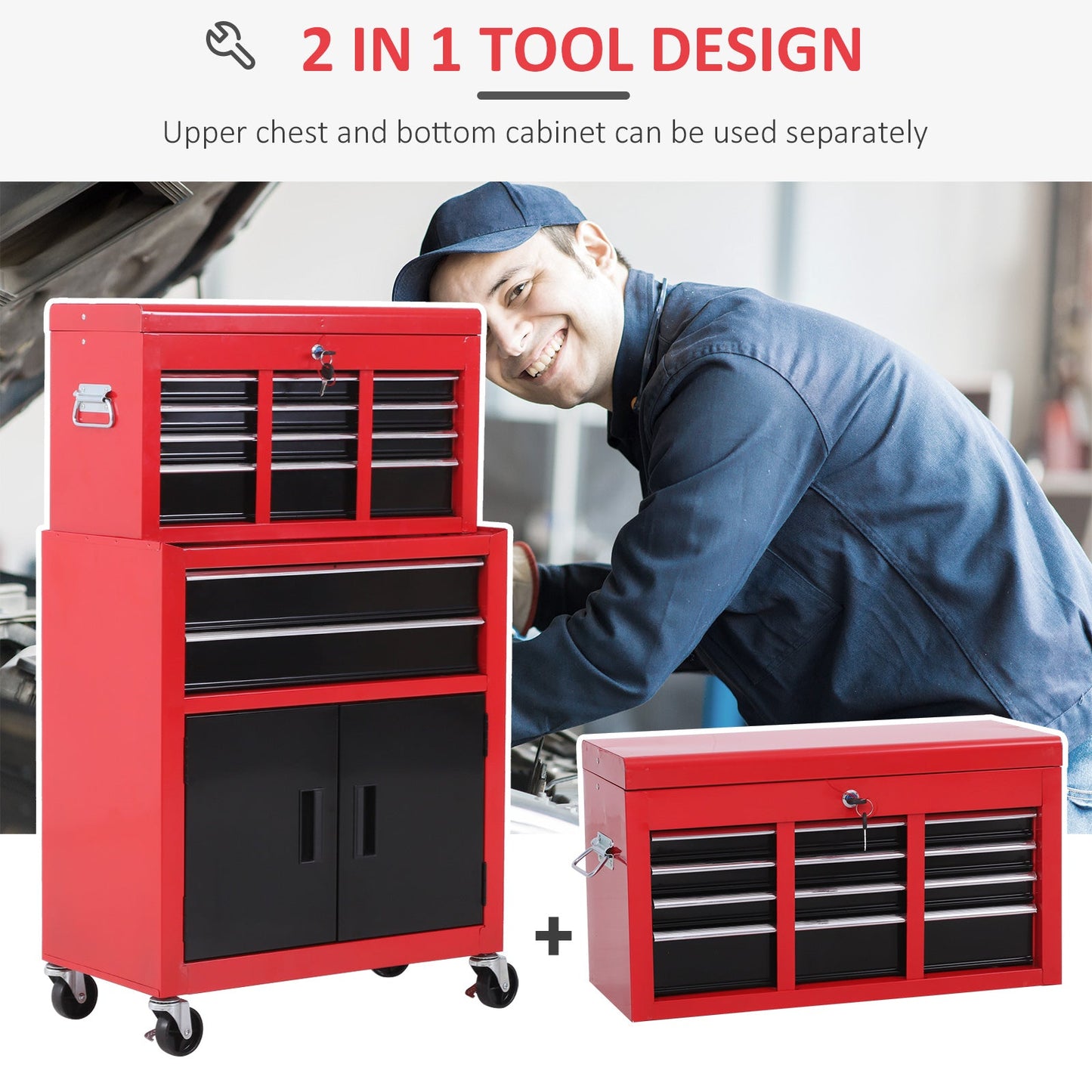 Metal ToolboxTrolley Portable Chest Box Rollcab Cabinet Garage Storage 6 Drawers-Black/Red