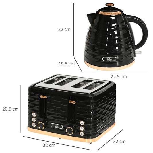 Kettle and Toaster Sets 1600W 1.7L Rapid Boil Kettle & 4 Slice Toaster W/7 Browning Controls, Defrost, Reheat and Crumb-Tray, Otter thermostat, Black