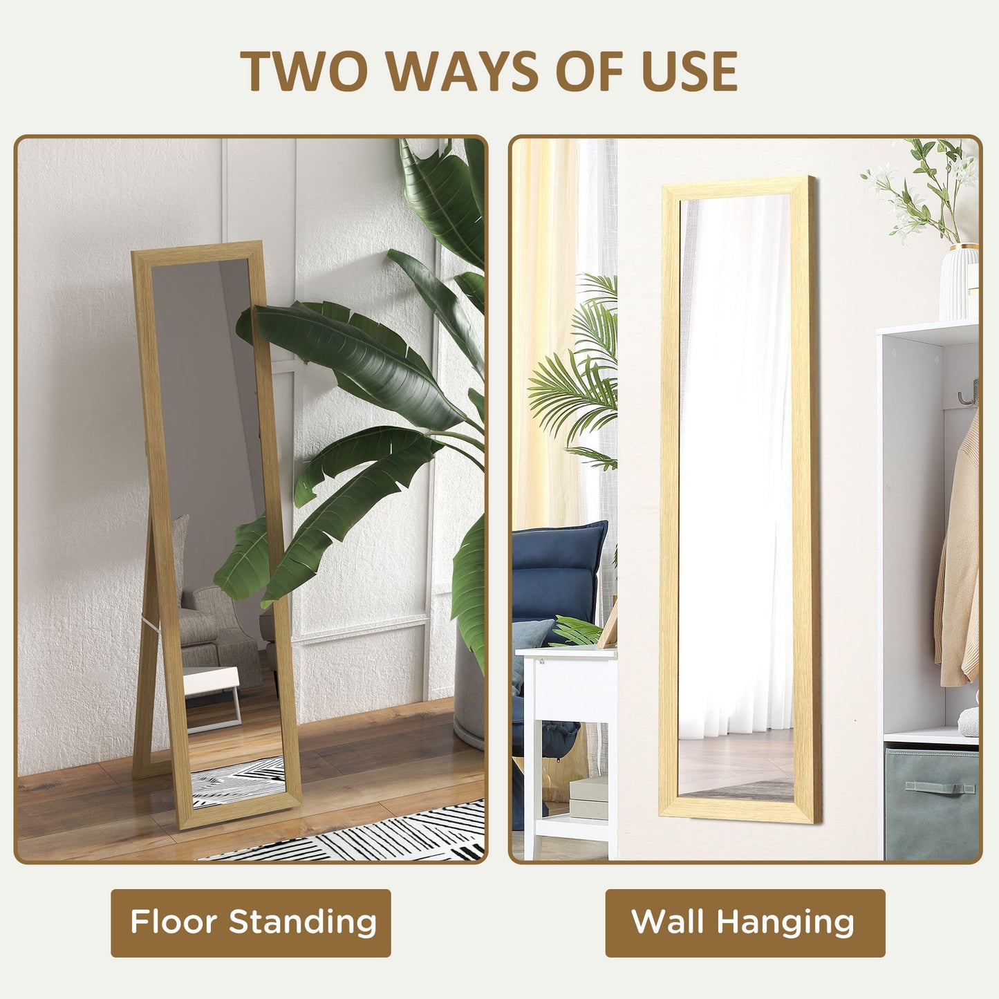 Rustic Full Length Mirror, Hanging and Freestanding Floor Mirror, Farmhouse Decorative Wall Mirror, for Living Room, Bedroom, 157 cm, Natural