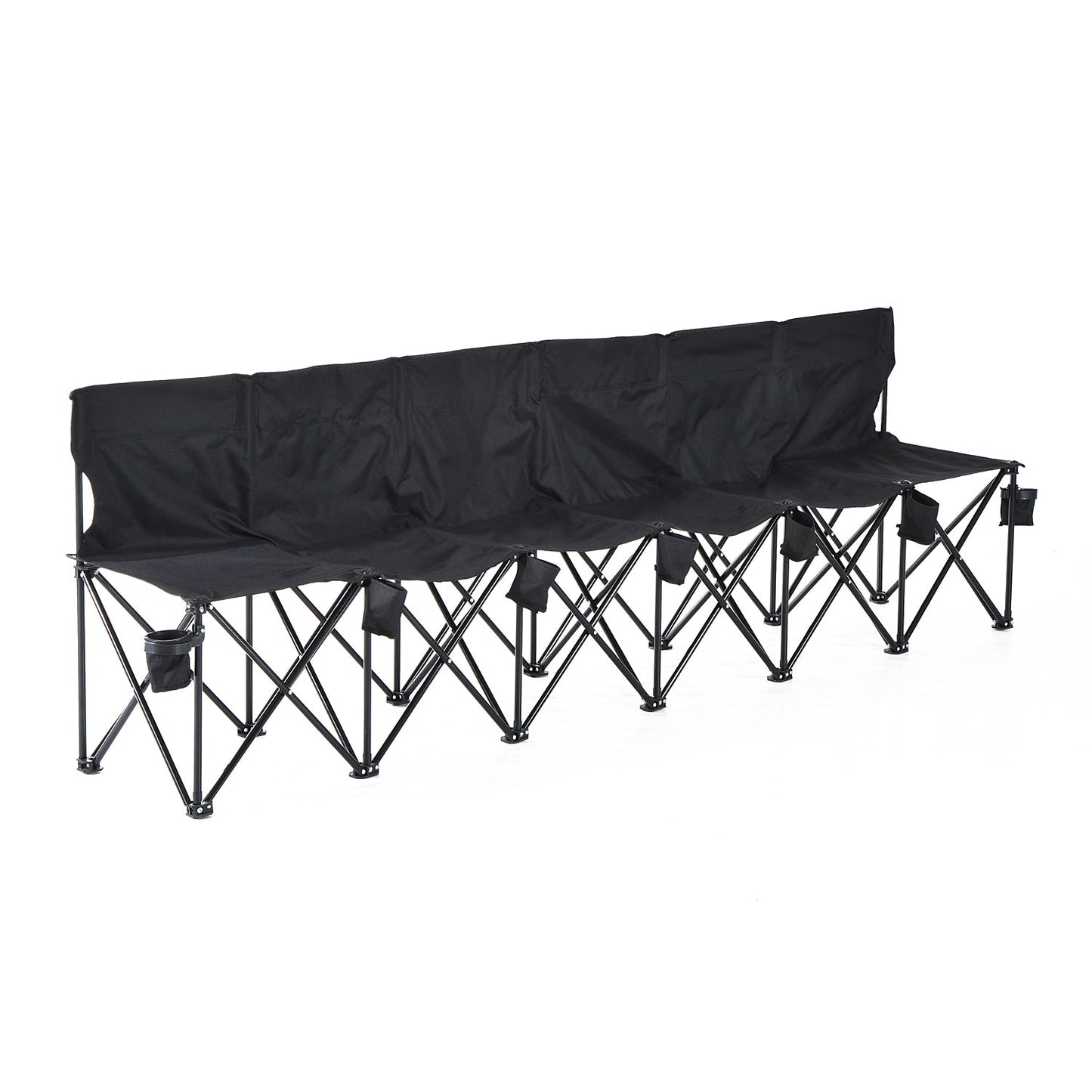 6 Seater Folding Sports Bench Outdoor Picnic Camping Portable Chair w/Cup Holder & Carry Bag - Black