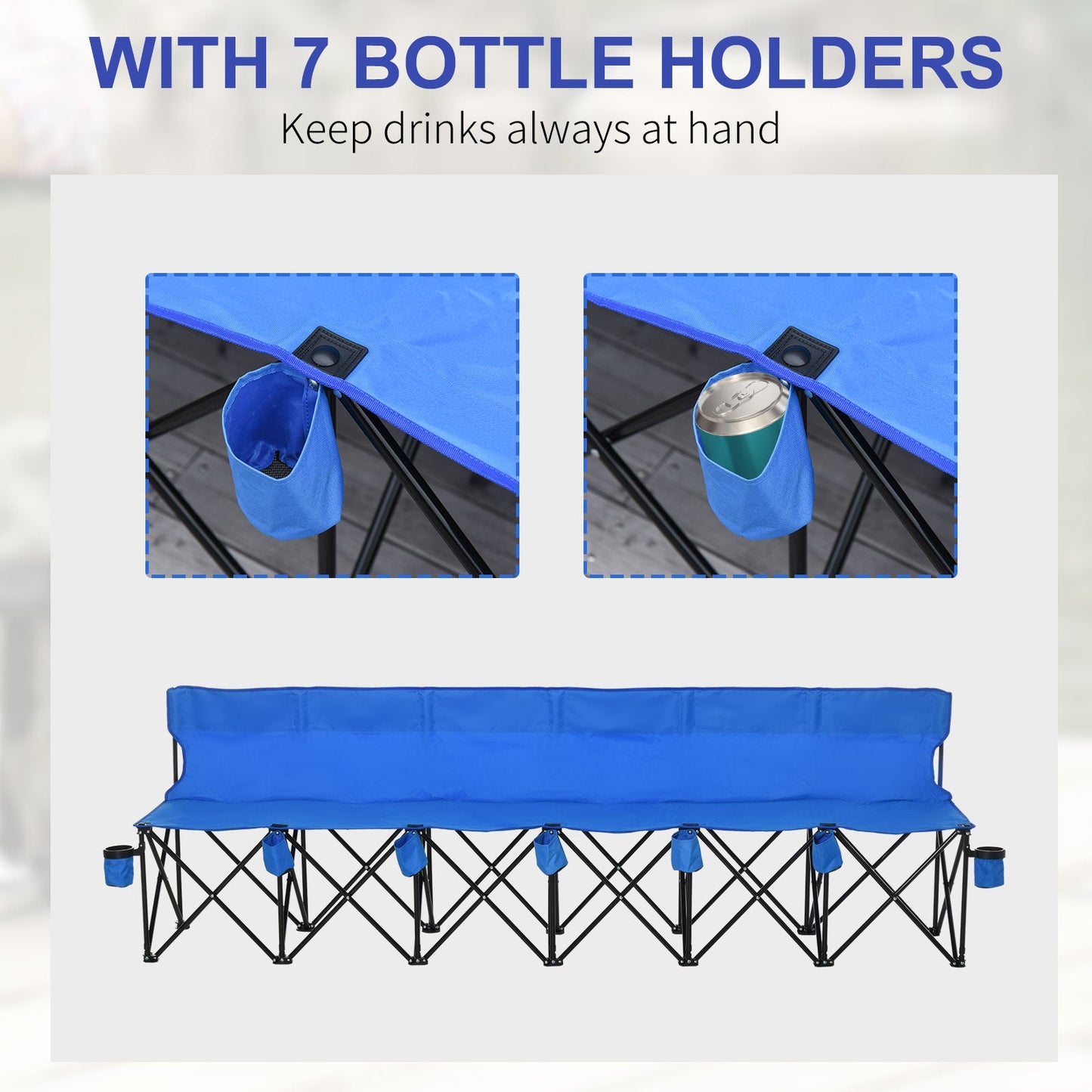 6 Seater Folding Sports Bench Outdoor Picnic Camping Chair Steel Frame w/Cup Holder & Carry Bag - Blue