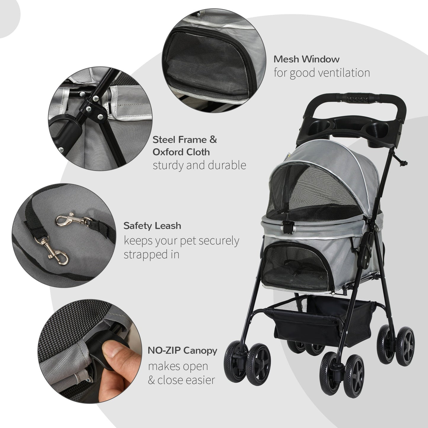 Pet Stroller No-Zip Foldable Travel Carriage with Brake Basket Adjustable Canopy