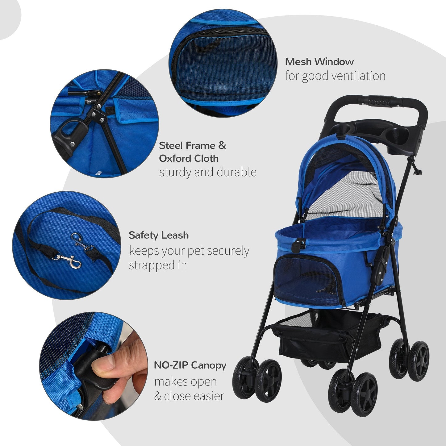 Pet Stroller No-Zip Foldable Travel Carriage with Brake Basket Adjustable Canopy