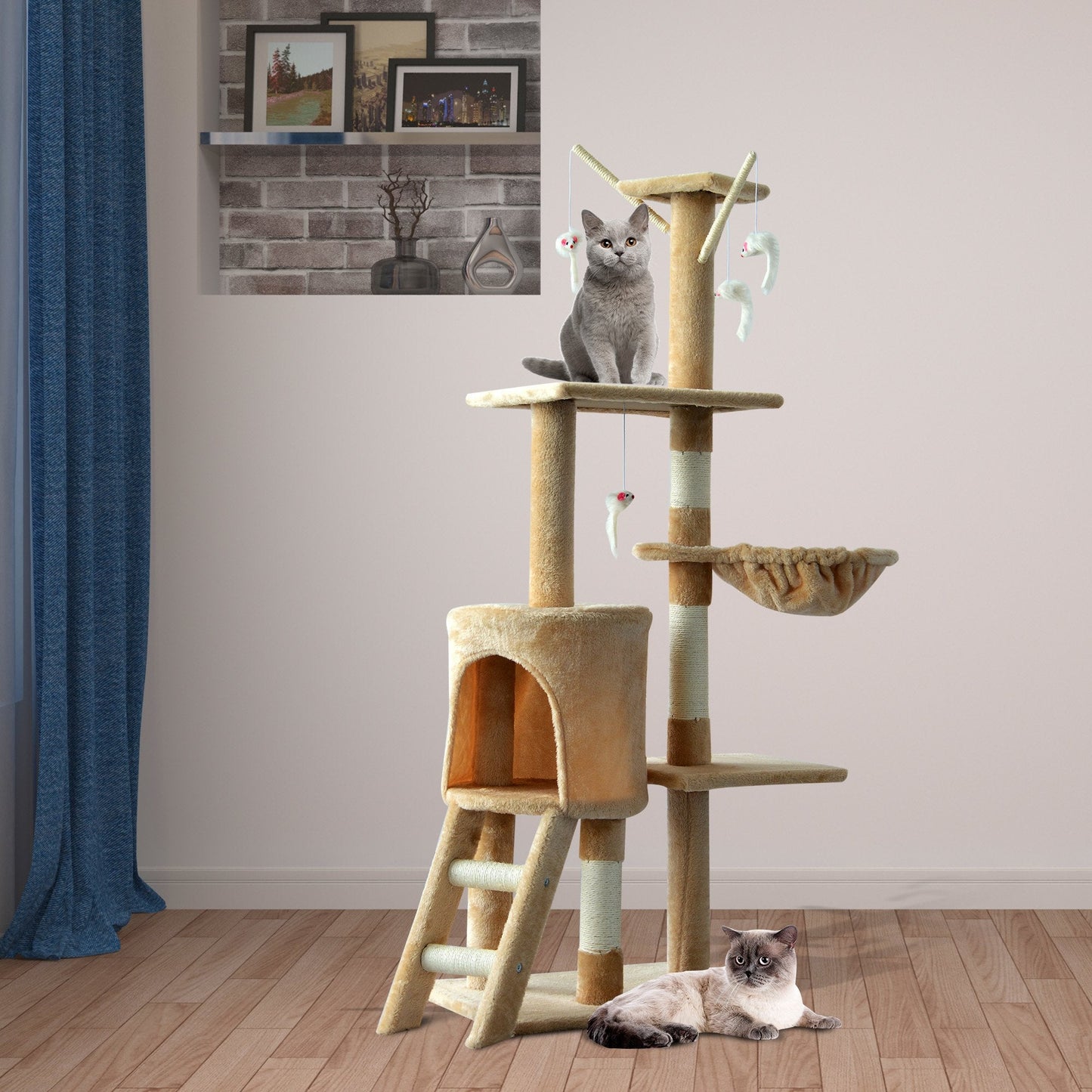 Cat Scratching Post 5-tier Tall Beige Condo Kitty Activity Centre Scratcher Climbing Tree with Toys Beige