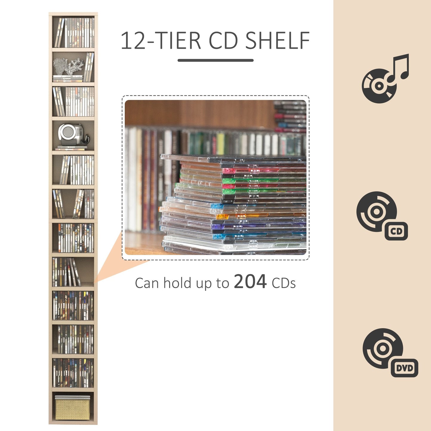 12-tier Media Storage Cabinet 204 CDs Shelf Tower Multimedia Organizer Rack Stand Bookcase Display Unit