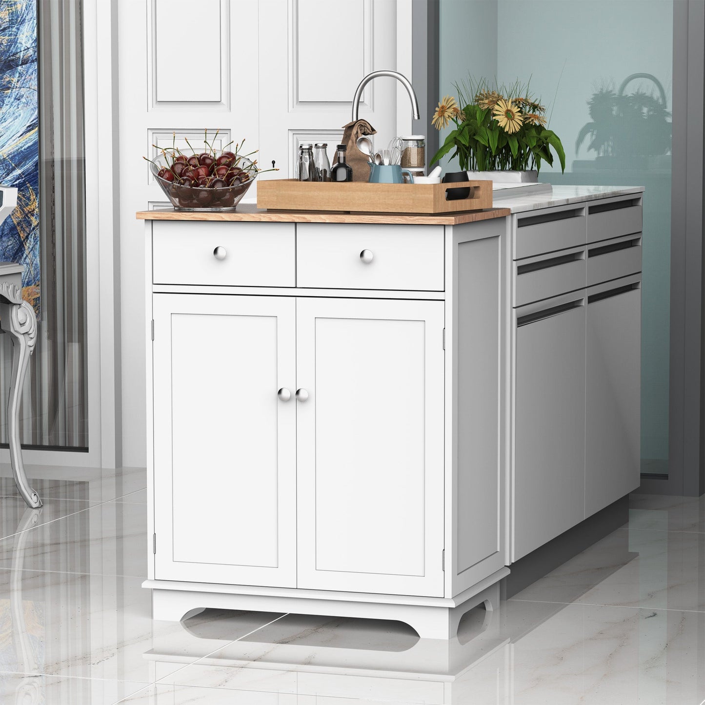 MDF 2-Drawer Double Door Kitchen Cabinet White