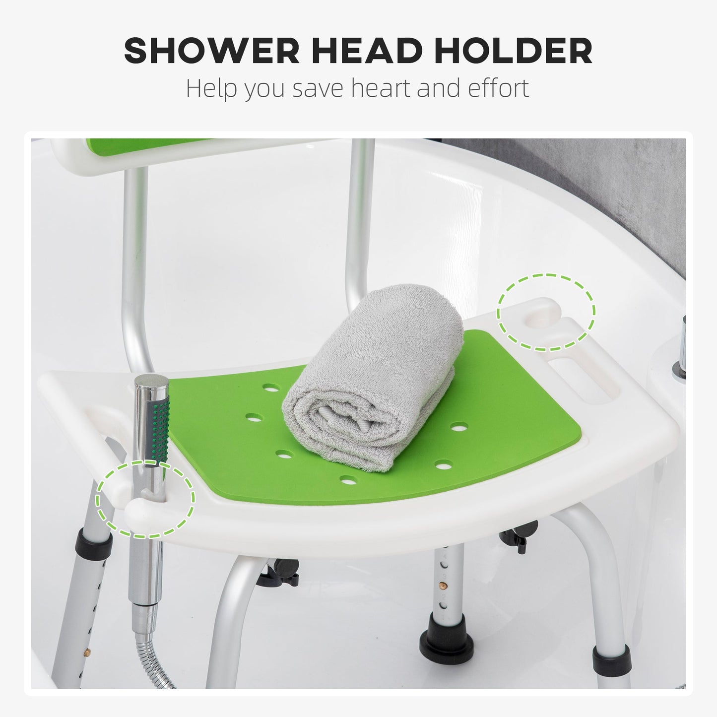 Shower Chair for the Elderly and Disabled, 6-Level Height Adjustable Shower Stool with Backrest, Curved Seat, Anti-slip Foot Pads and Shower Head Holder, Green