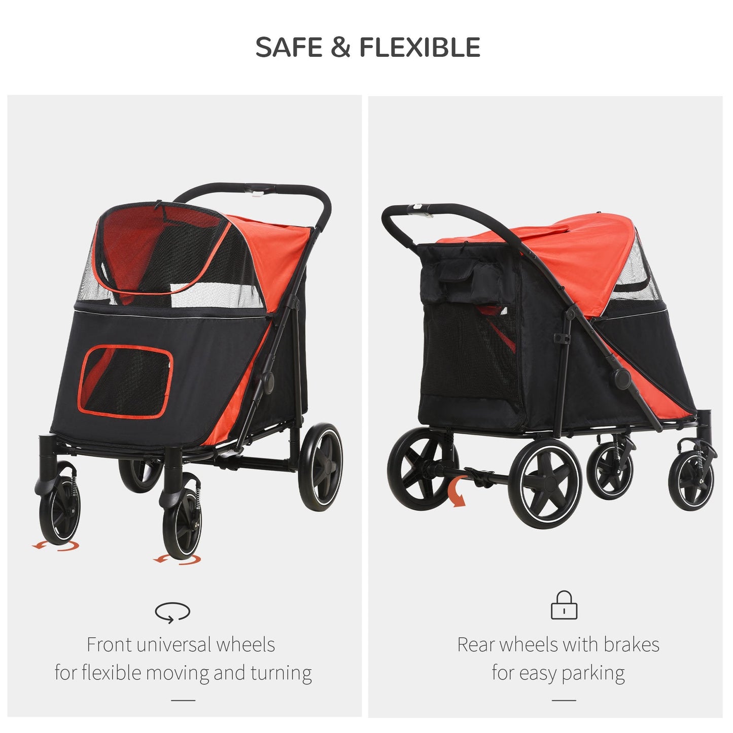 Pet Stroller with Universal Front Wheels, Shock Absorber, One Click Foldable Dog Cat Carriage with Brakes, Storage Bags, Mesh Window, Safety Leash for Large & Medium-sized Dogs, Red