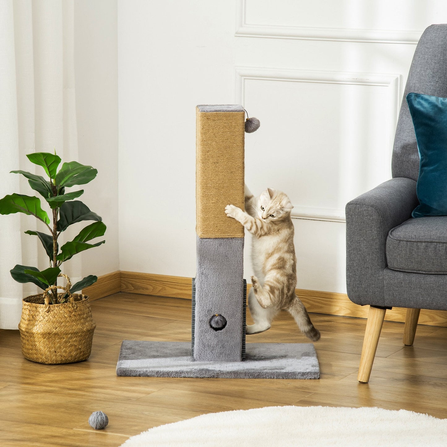 Cat Scratching Post, 79cm Tall Jute Scratcher Climber, Cat Tree Activity Center with Carpet Base, Dangling Ball, Grey w/ Ball Base