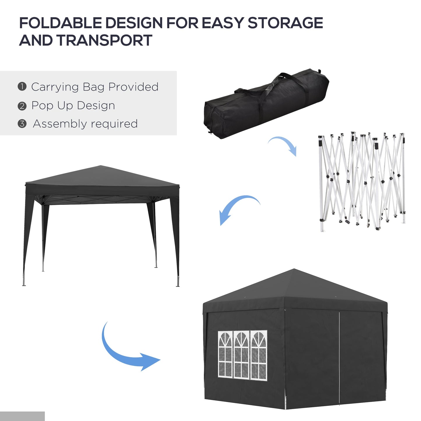 3 x 3m Pop-Up Outdoor Gazebo, with Removable Walls - Black
