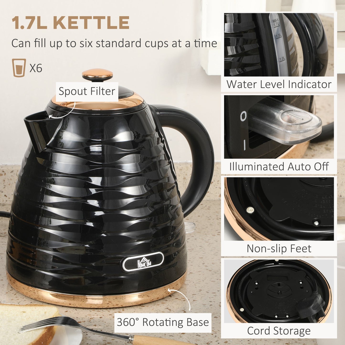 Kettle and Toaster Sets 1600W 1.7L Rapid Boil Kettle & 4 Slice Toaster W/7 Browning Controls, Defrost, Reheat and Crumb-Tray, Otter thermostat, Black