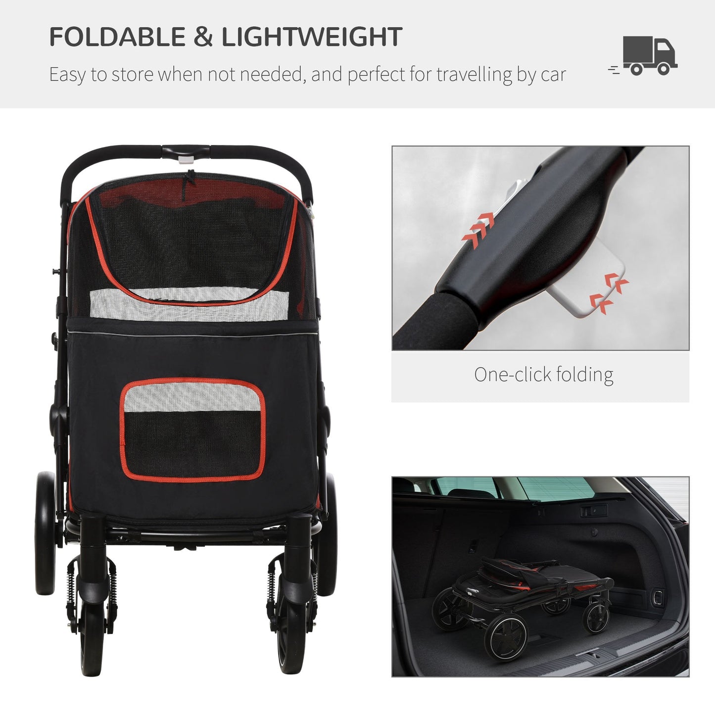 Pet Stroller with Universal Front Wheels, Shock Absorber, One Click Foldable Dog Cat Carriage with Brakes, Storage Bags, Mesh Window, Safety Leash for Large & Medium-sized Dogs, Red