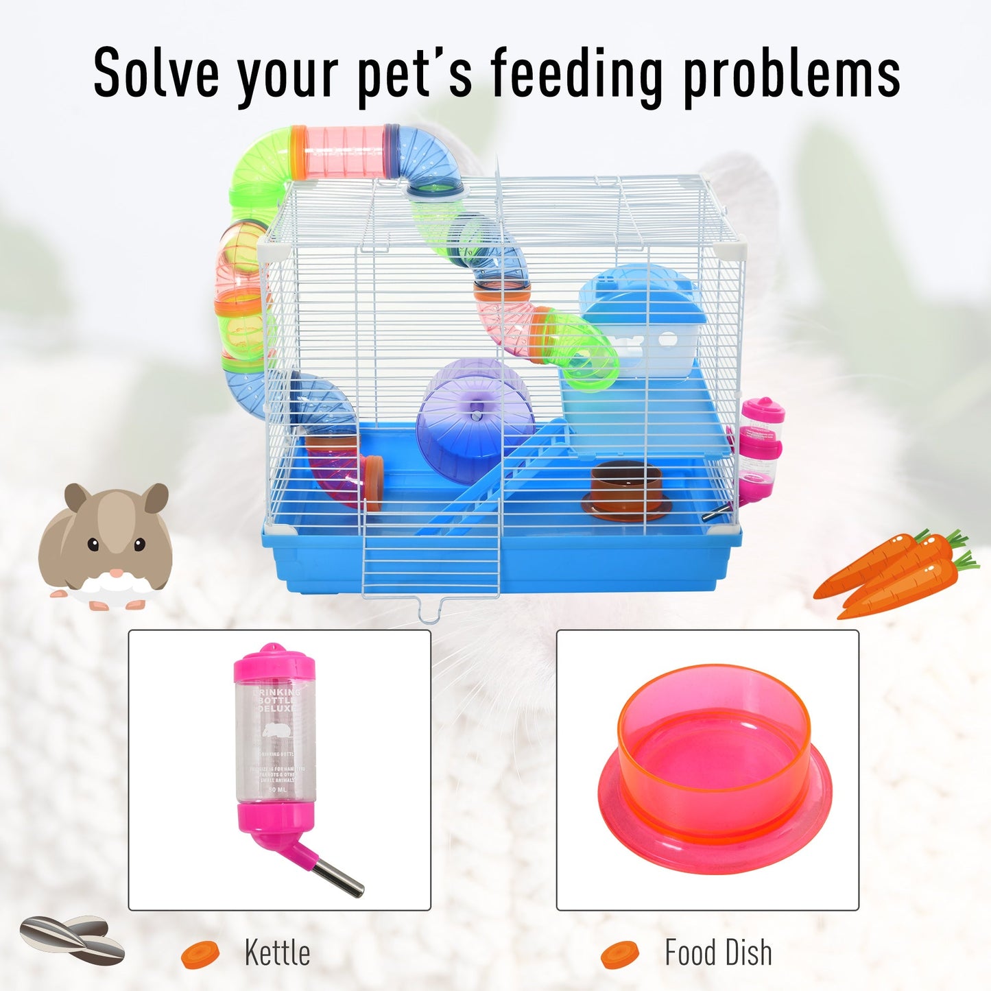 2 Tier Hamster Cage Carrier Habitat Small Animal House with Exercise Wheels Tunnel Tube Water Bottle Dishes House Ladder for Dwarf Mice, Blue w/