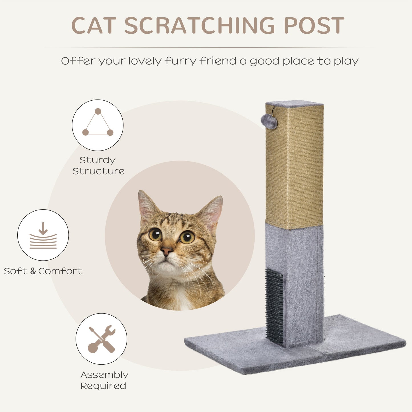 Cat Scratching Post, 79cm Tall Jute Scratcher Climber, Cat Tree Activity Center with Carpet Base, Dangling Ball, Grey w/ Ball Base