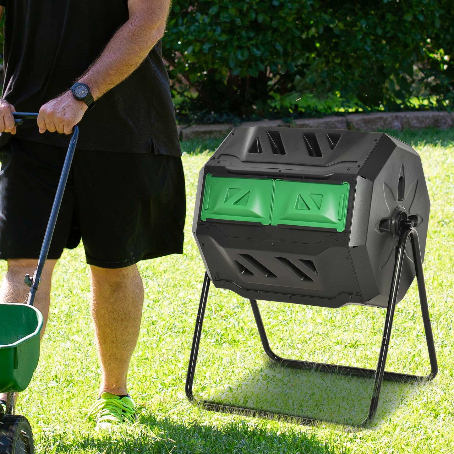 160L Tumbling Compost Bin Outdoor Dual Chamber 360° Rotating Composter, Garden Compost Bin w/ Sliding Doors & Solid Steel Frame, Black