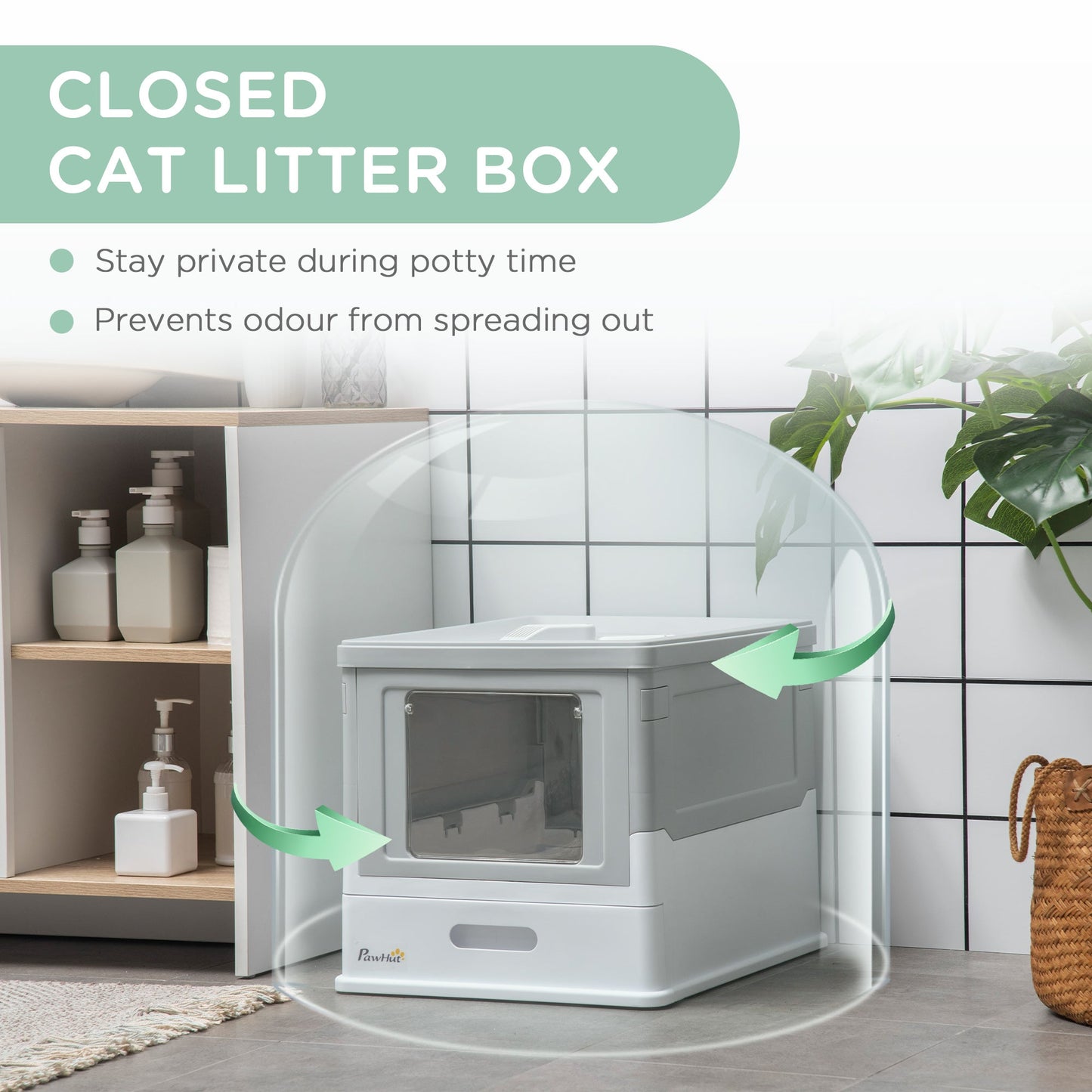 Hooded Cat Litter Box Scoop Included Litter-Tray with Front Entry Top-Exit, Portable Pet Toilet W/ Large Space, Easy Assemble, 47.5x35.5x36.7cm, Grey