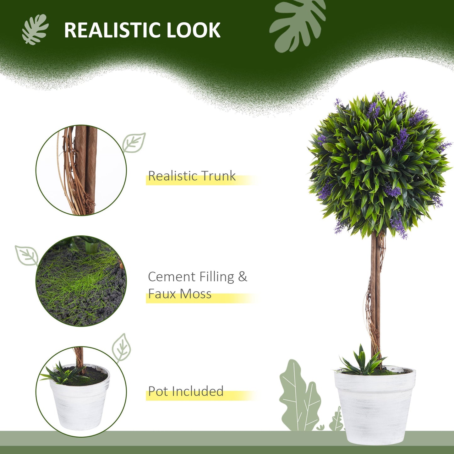 Set of 2 Decorative Artificial Plants Ball Trees with Lavender Flowers in Pot Fake Plants for Home Indoor Outdoor Decor, 60cm