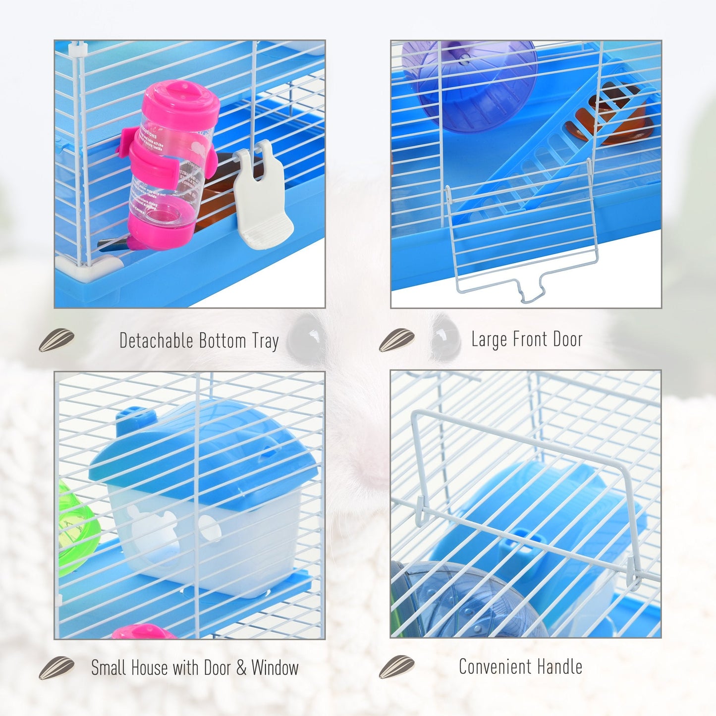 2 Tier Hamster Cage Carrier Habitat Small Animal House with Exercise Wheels Tunnel Tube Water Bottle Dishes House Ladder for Dwarf Mice, Blue w/