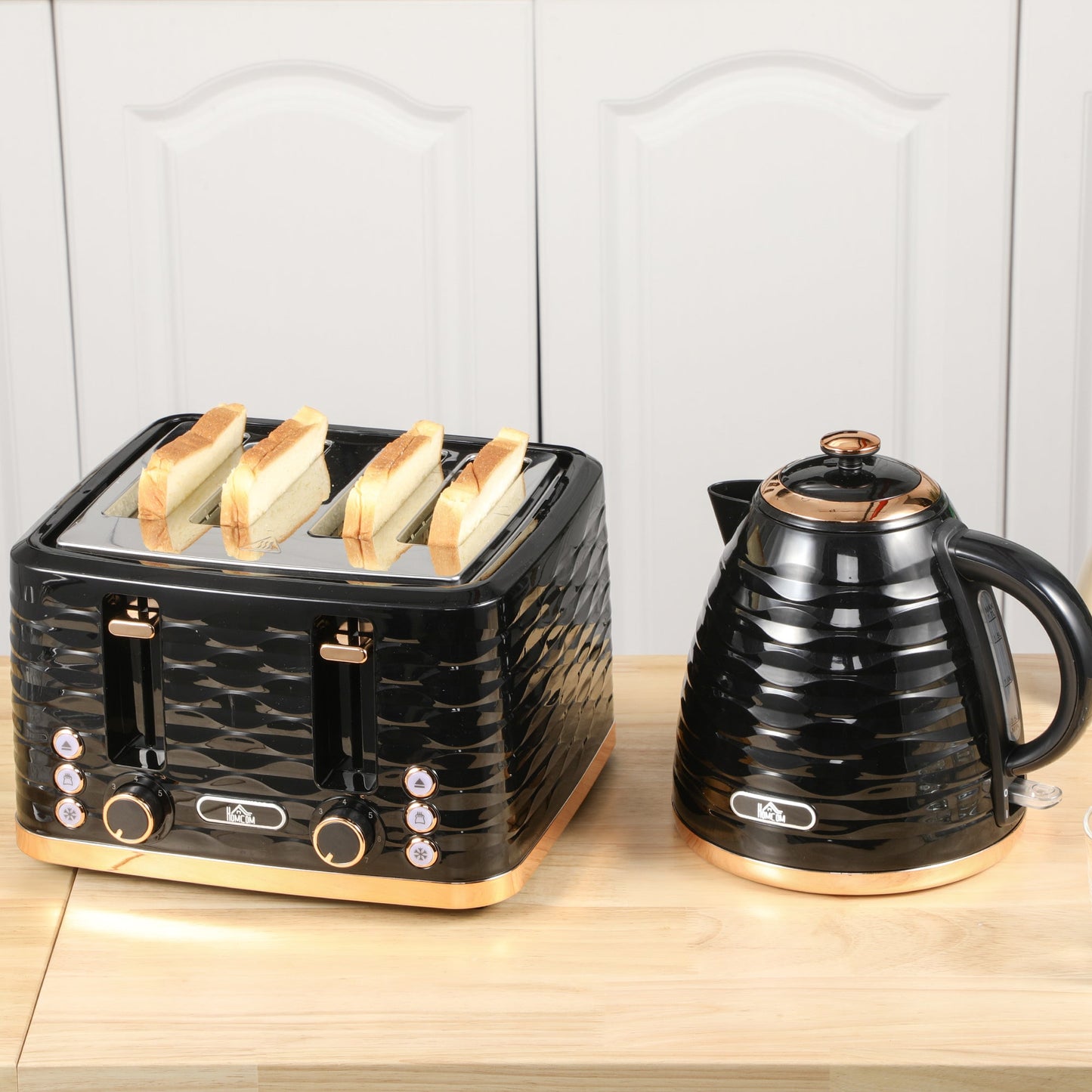 Kettle and Toaster Sets 1600W 1.7L Rapid Boil Kettle & 4 Slice Toaster W/7 Browning Controls, Defrost, Reheat and Crumb-Tray, Otter thermostat, Black