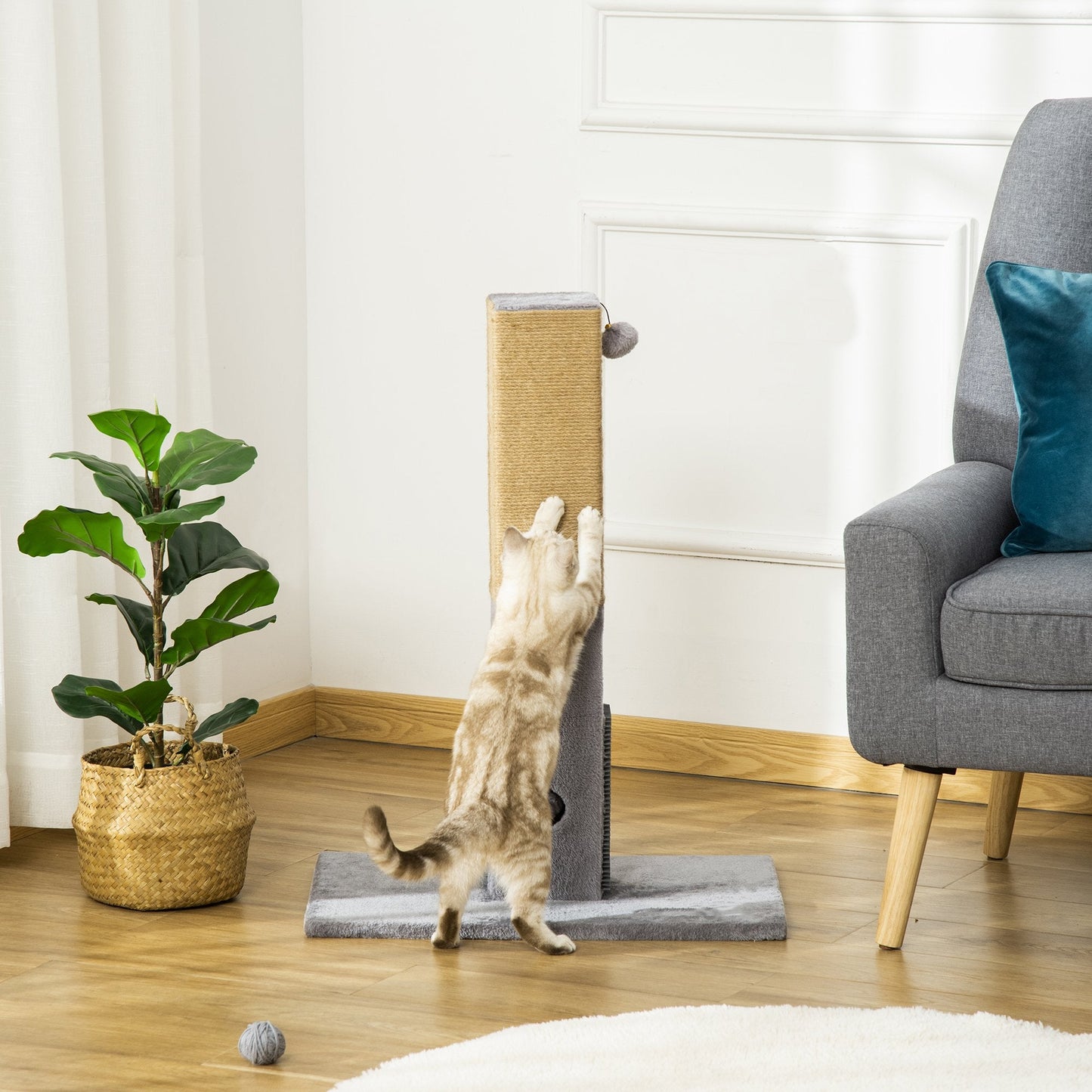Cat Scratching Post, 79cm Tall Jute Scratcher Climber, Cat Tree Activity Center with Carpet Base, Dangling Ball, Grey w/ Ball Base