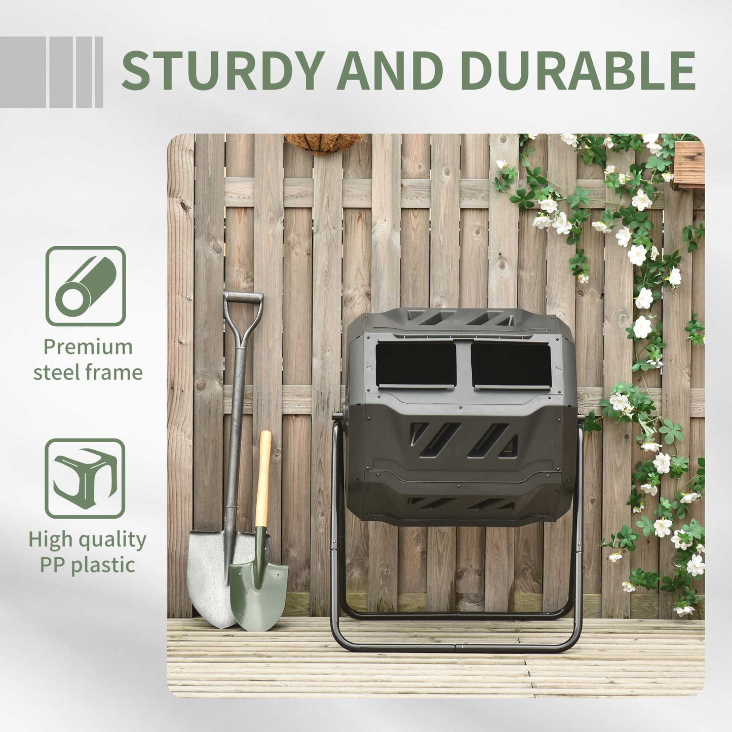160L Tumbling Compost Bin Outdoor Dual Chamber 360° Rotating Composter, Garden Compost Bin w/ Sliding Doors & Solid Steel Frame, Black