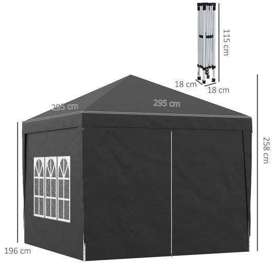 3 x 3m Pop-Up Outdoor Gazebo, with Removable Walls - Black