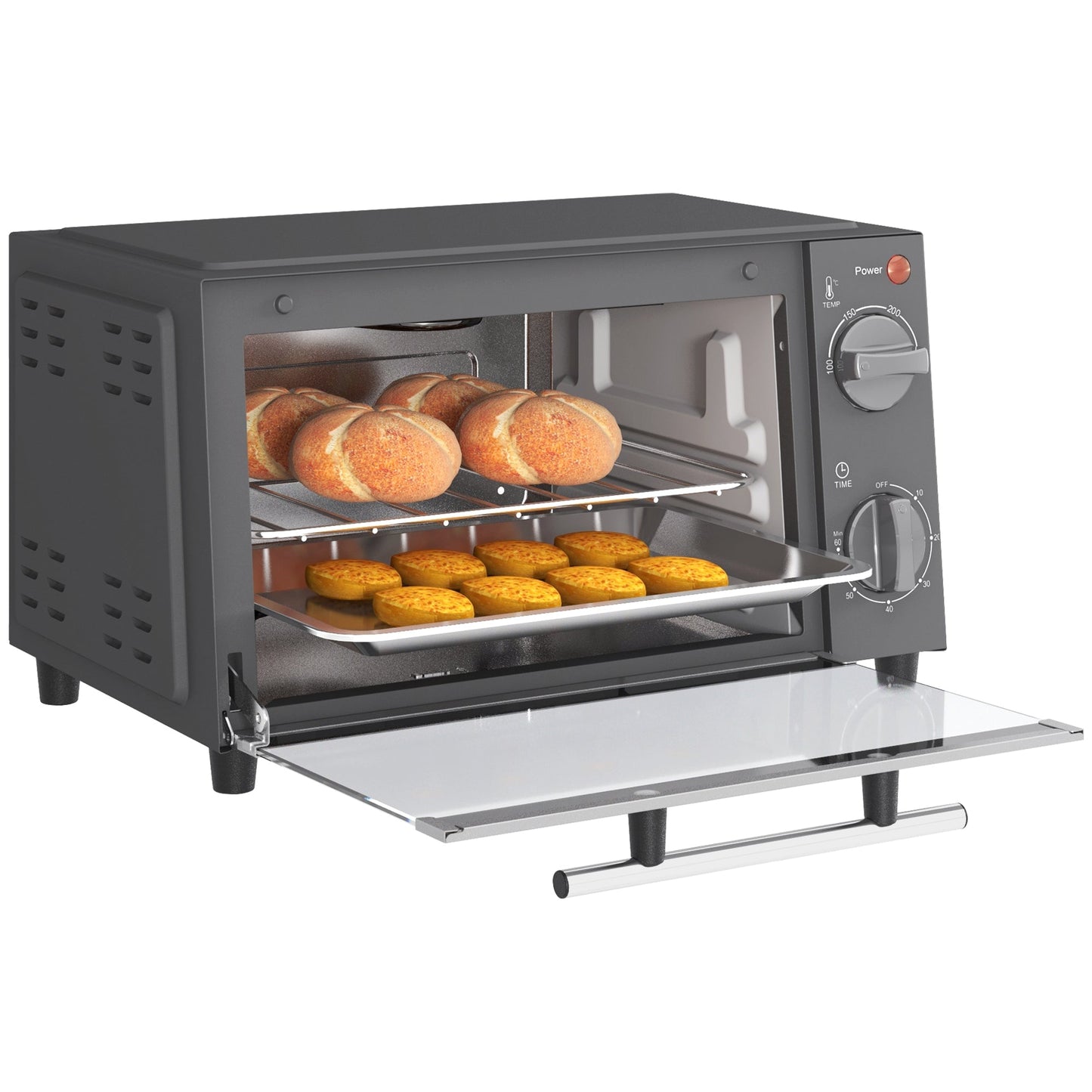Mini Oven, 9L Countertop Electric Grill, Toaster Oven with Adjustable Temperature, Timer, Baking Tray and Wire Rack, 750W, Grey
